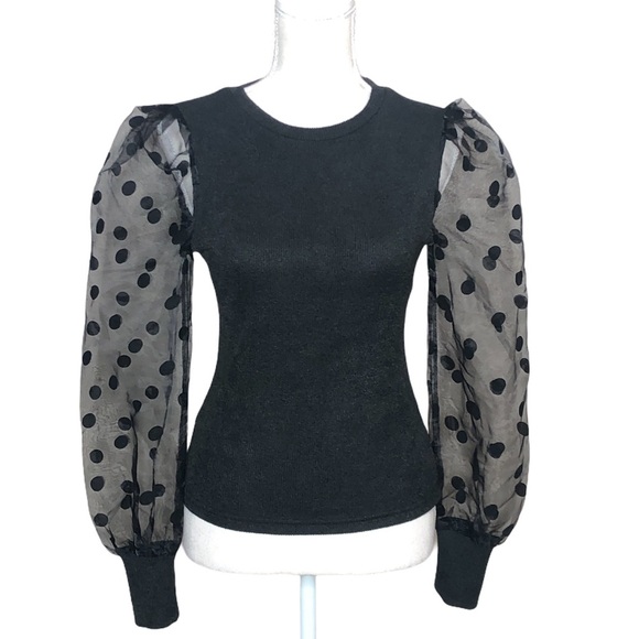 SHEIN Sheer Mesh Sleeve Rib-knit Top - Picture 2 of 6